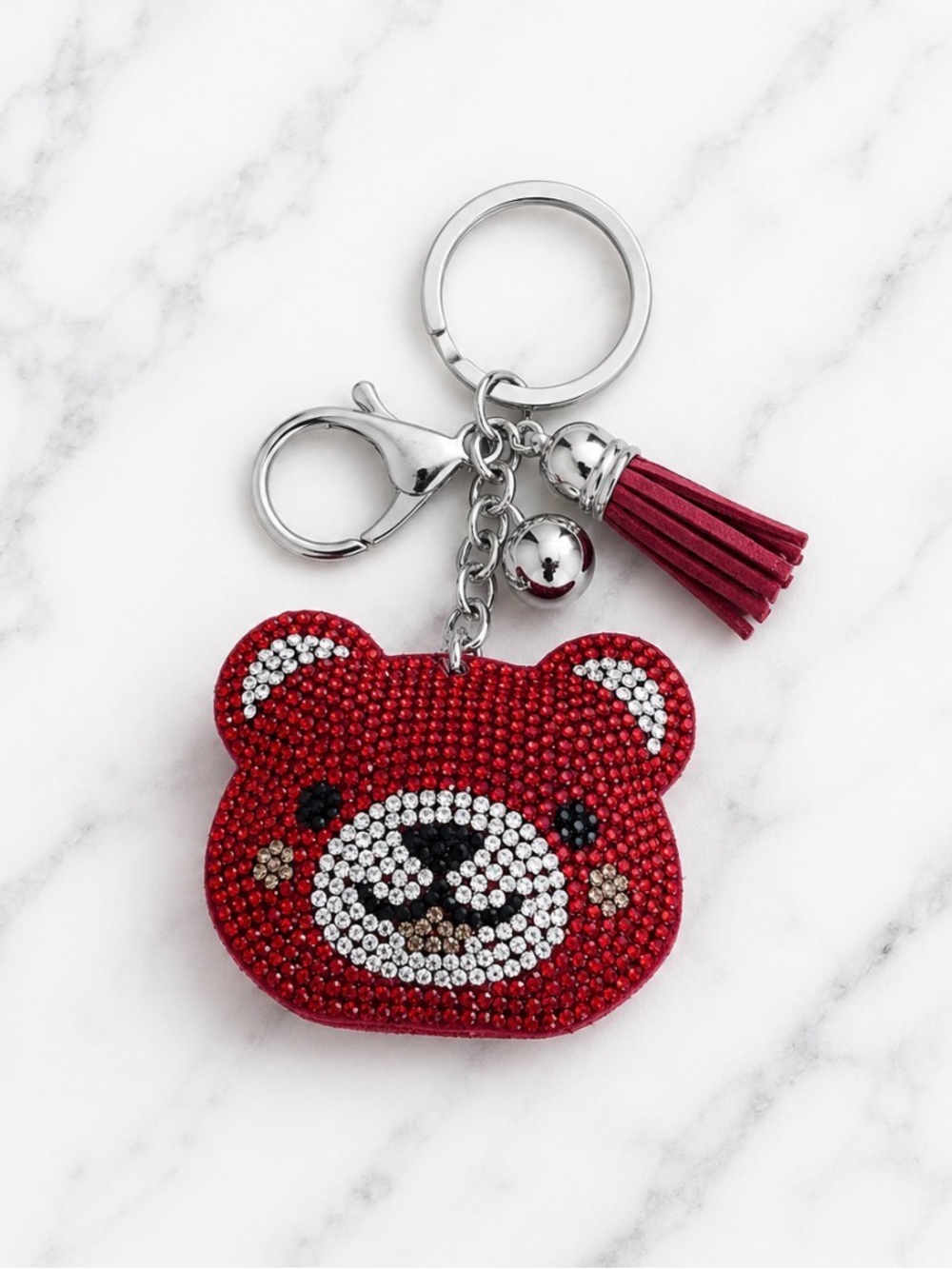 Red Rhinestoned Bear Bag Charm/Keyring on Silver Hardware
